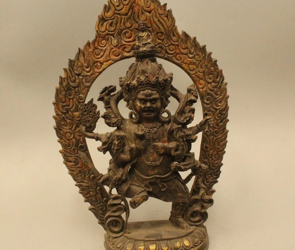 

13"Tibet Buddhism Bronze Gild Dragon Three Head 6 arm Mahakala Buddha Statue