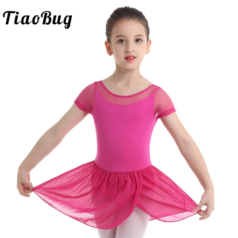 

TiaoBug Girls Mesh Short Sleeve Ruffle Chiffon Ballet Tutu Dress Dance Leotard Gymnastics Leotard Ballerina Party Kids Dancewear