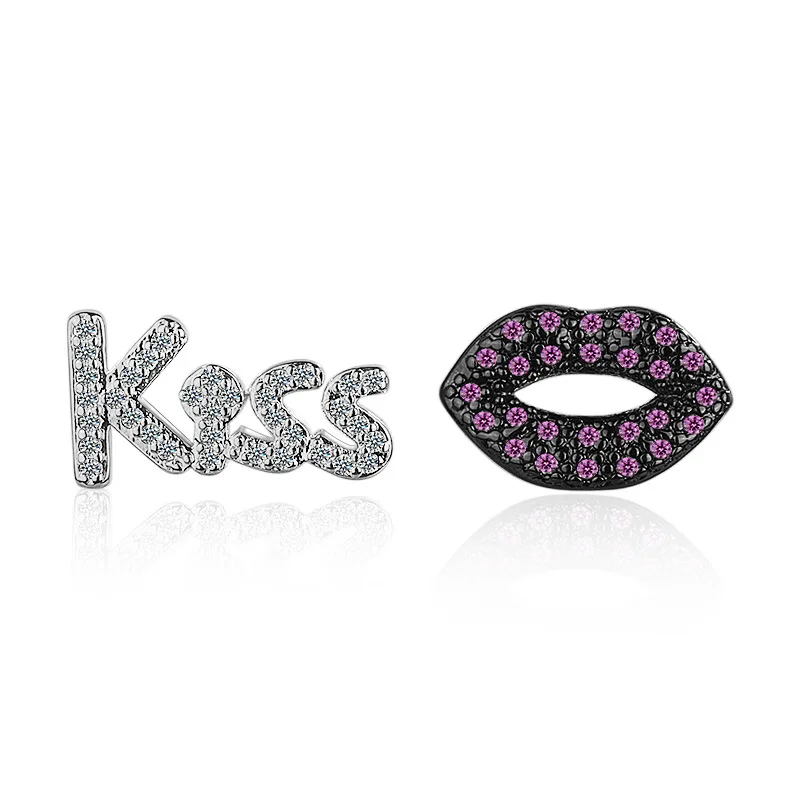 

New Arrivals Elegant Asymmetric KISS lips Cubic Zirconia 925 Sterling Silver Ladies`Stud Earrings Original Jewelry For Women