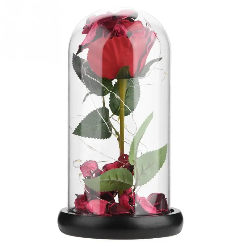 1Pcs Plastic Glass Cover Rose Flower Gift Decoration with LED Light