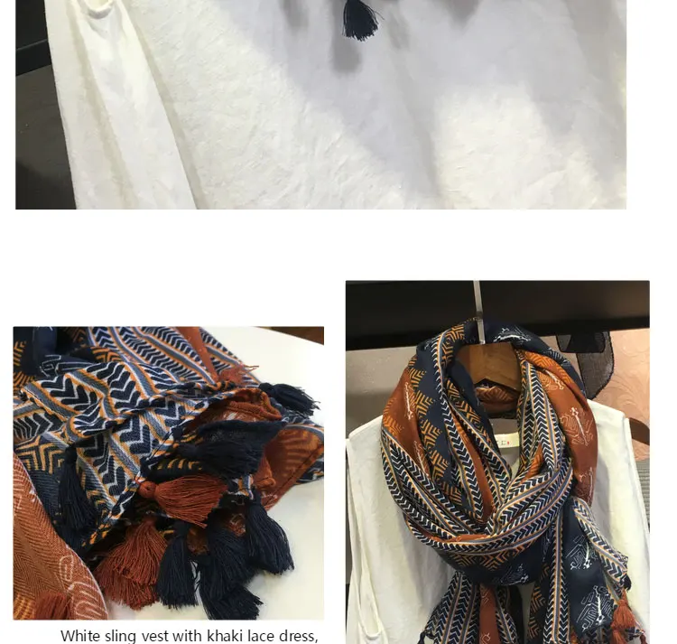 Marte& Joven, Ретро стиль, геометрический принт, теплый шарф, шали для женщин, модные, с кисточками, коричневые, длинные, для девушек, весна, осень, Пашмина