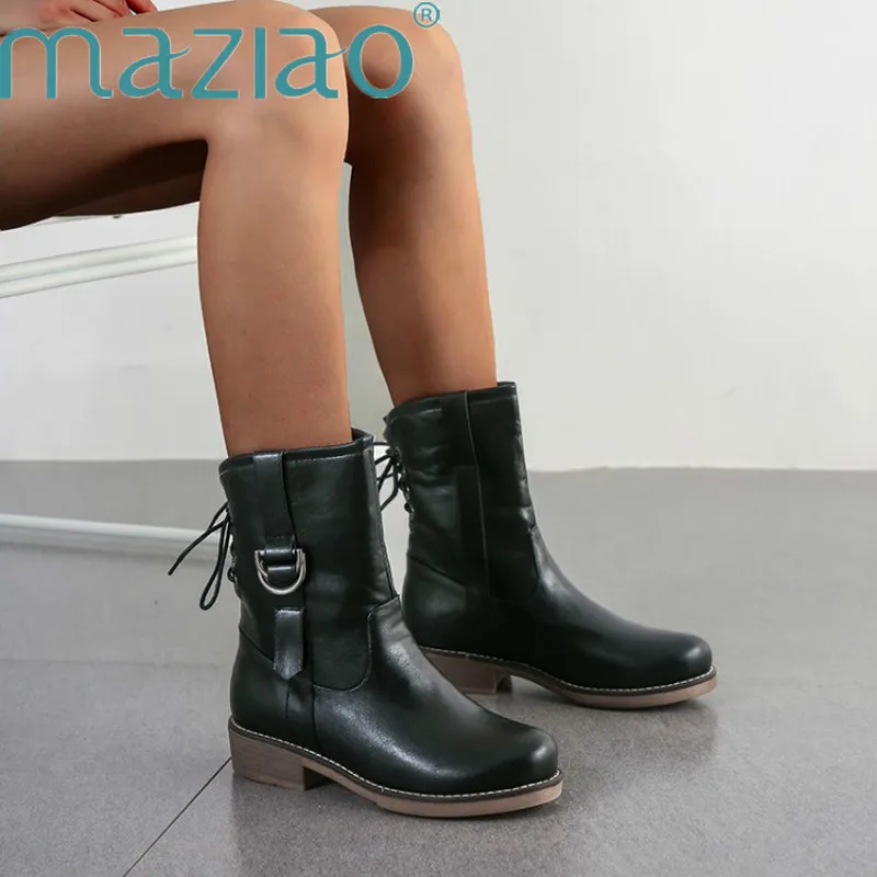 

Autumn Winter buckle Mid-calf Women Boots Med Heels PU Leather Boots High Quality Square Heel Motorcycle Boot Women Black MAZIAO