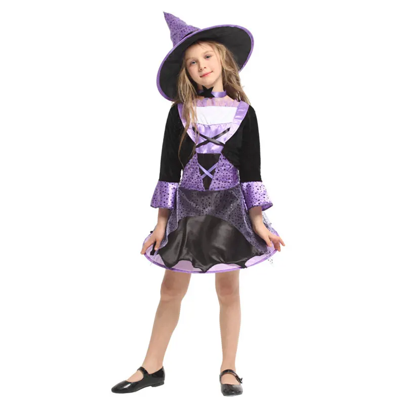 Прекрасный Фиолетовый Черный волшебный костюм ведьмы для девочек, косплей для девочек, детский карнавальный костюм на Хэллоуин, вечерние