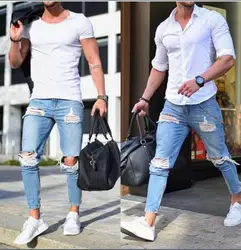 Одежда высшего качества Мода 2019 г. Повседневное для мужчин узкие джинсы свет нищий рваные хип хоп Уличная подростков джинсовые ковбойские