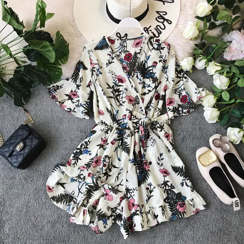 

2019 SummerWomen Chiffon V-neck Printed Flowers Playsuit Wide-leg Waistband Ladies Holiday Trumpet Sleeves Romper Overalls