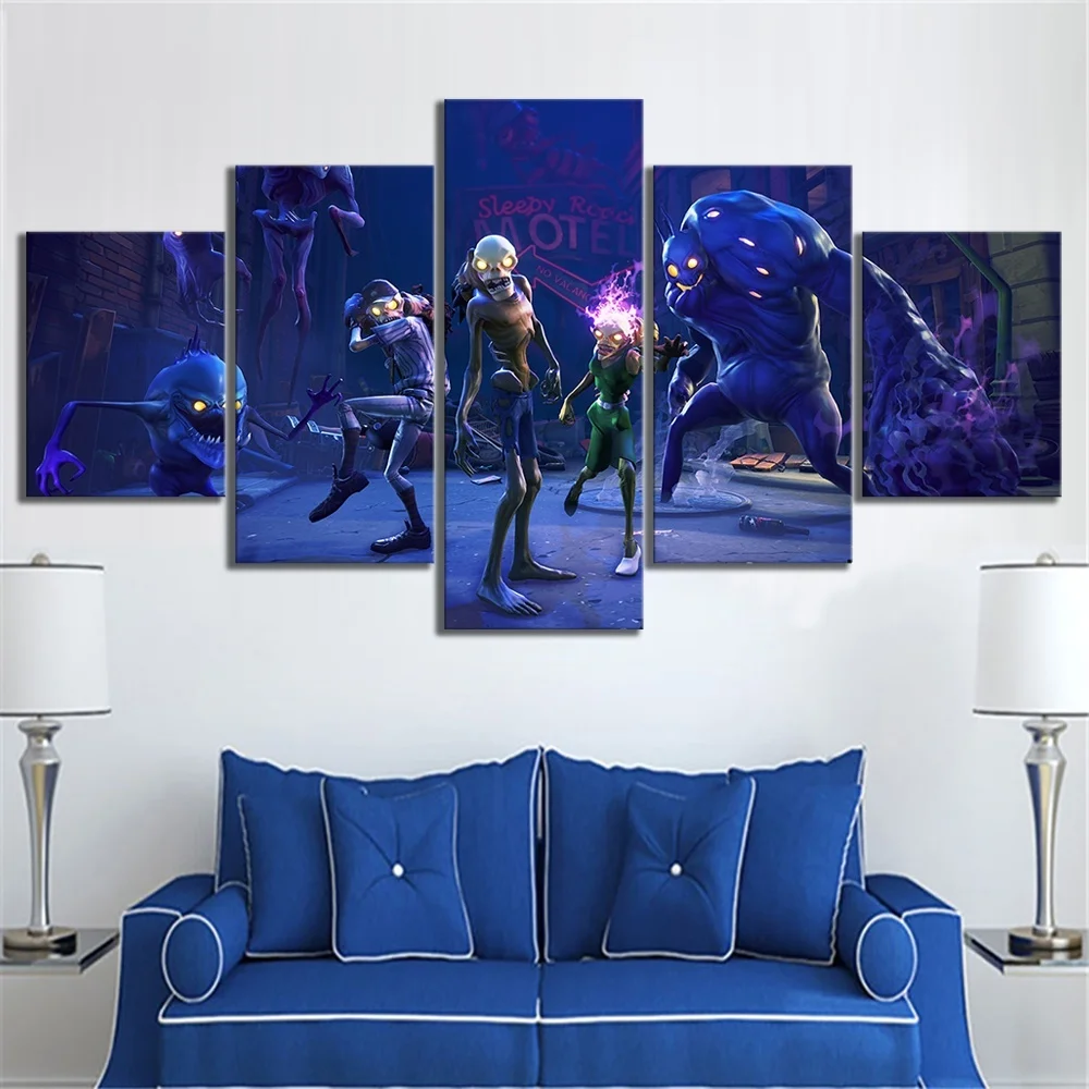 

5 Piece Shooting Game Poster Fortnight Battle Royale Zombies Cartoon Pictures Wall Art Canvas Painting for Home Decor