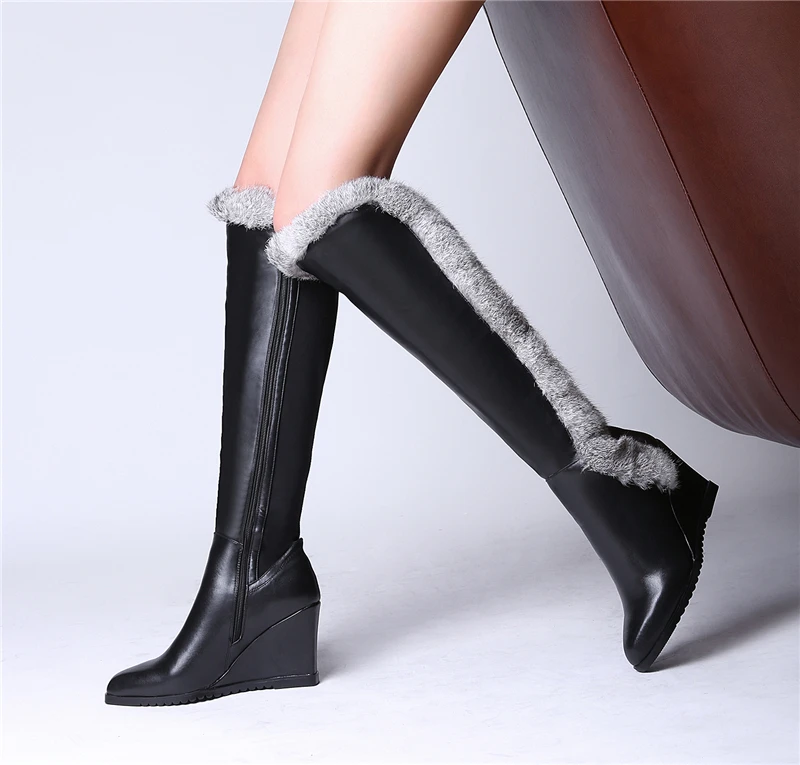 2017 Brand Designer black women knee high snow boots wedge high heel genuine leather winter long boots fur fashion brand shoes