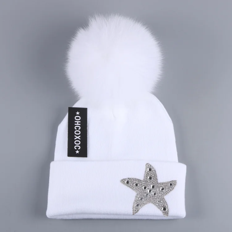 Женская зимняя шапка со звездами, фирменные шапочки, настоящие животные, мех норки, лисы, помпоны, украшенные шариками, одноцветные, сохраняющие тепло, толстые зимние шапки - Цвет: Fox pom white hat
