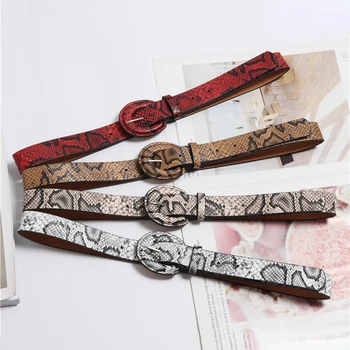 

Winfox Fashion Red White 2.7cm Wide Female PU Leather Round Pin Buckle Crocodile Jeans Belt Snake Skin Belts For Women