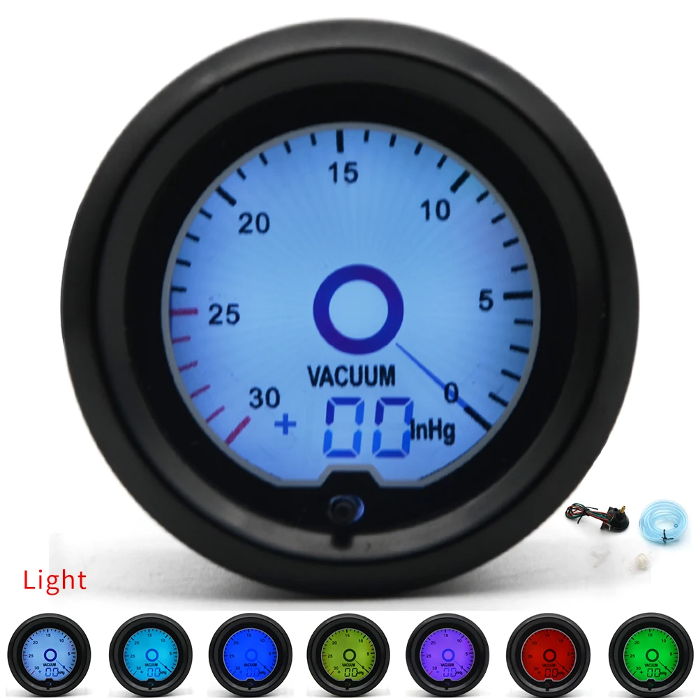 2" 52mm Vacuum Gauge 7 Color Racing Gauge LCD Digital Display Car Meter