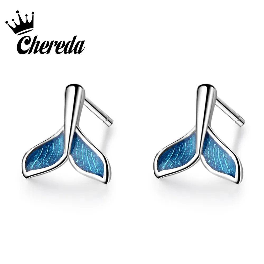 

Chereda Cute Silver Stud Earrings for Women Whale Tail Shape Romantic Blue Color Earring Animal Ear Studs Jewelry