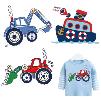 

kids cartoon excavator stickers for clothes funny ship iron on patches for hoodies dinosaur plane car diy clothing accessories