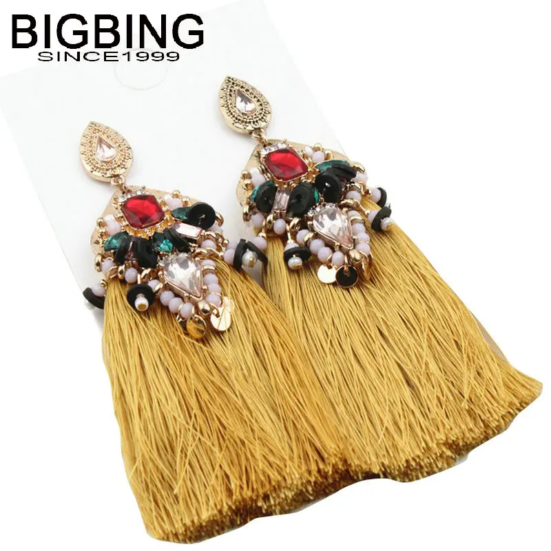 

V188 BIGBING jewelry fashion golden red crystal beads yellow long tassel stud earrings fashion stud earring set high quality