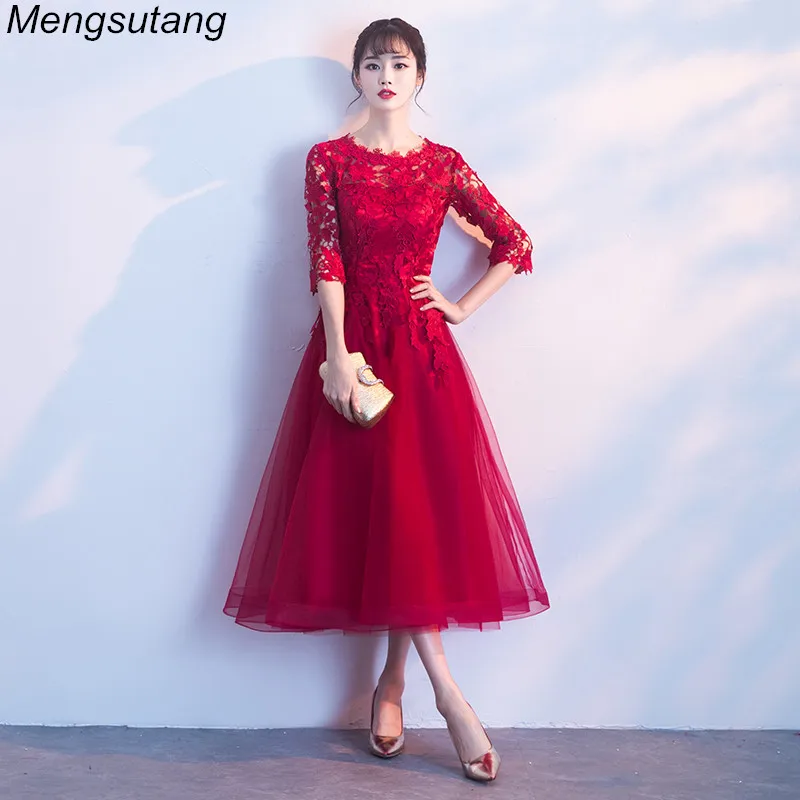 

Robe de soiree Long Elegant Wine Red Lace O-Neck half sleeves Tulle evening dress A-Line vestido de festa party prom dresses