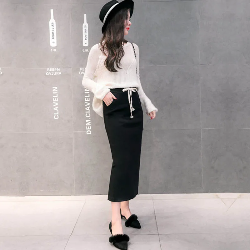 NORMOV/ осень-зима женские юбки черная трикотажная длинная юбка-карандаш с разрезом однотонная приталенная юбка с карманами на шнуровке с высокой талией