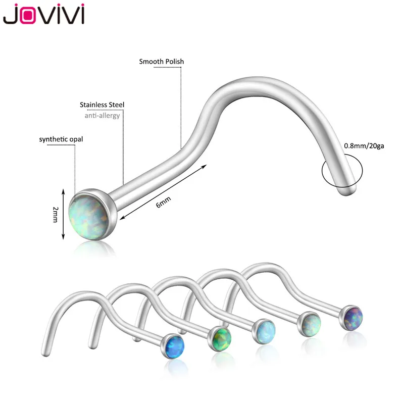 JOVIVI, новинка, 1 шт./5 шт., нержавеющая сталь, 1,5 мм, синтетический опал, 20 г, кольцо для носа, шпильки, костная ноздри, шпилька, твист бар, пирсинг, ювелирные изделия