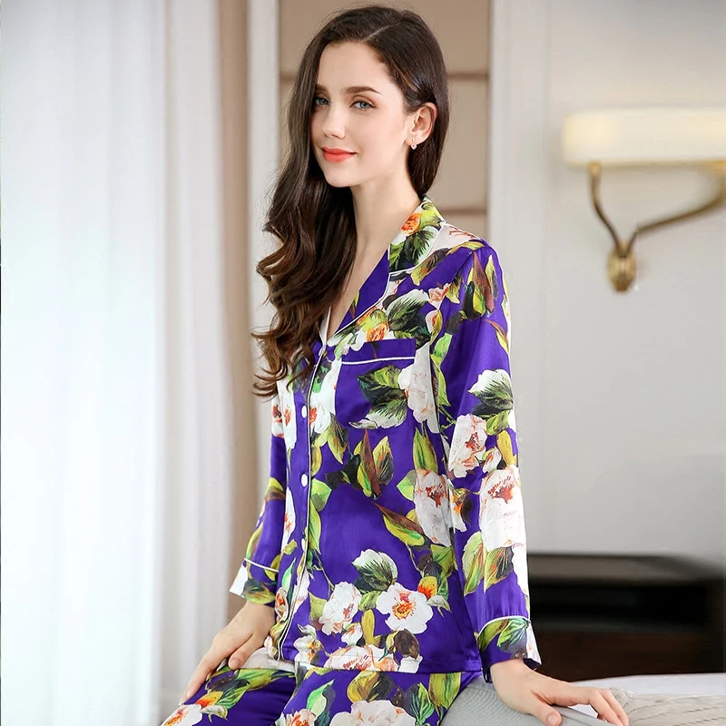 Real Silk Pajamas Female High Quality Purple Sleepwear Women Natural