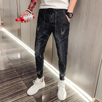 

Men's Jeans Fashion Scratched Ankle Length Joggers Straight Drawstring Casual Slim Denim Pencil Pants Male Pockets Jeans Man