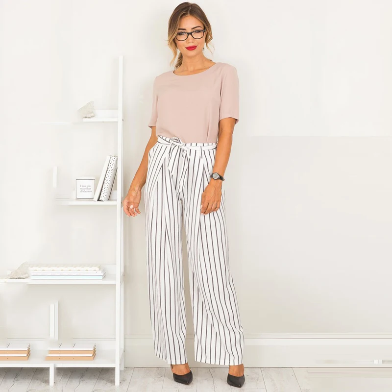 Women's high waist striped belt harem pants elastic waist wide leg long pencil trousers with side pockets Women's high waist striped belt harem pants elastic waist wide leg long pencil trousers with side pockets