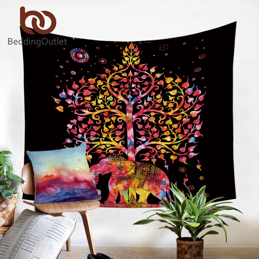 

BeddingOutlet Elephant With Tree Tapestry Bohemia Wall Carpet Boho India Mandala Hanging Wall Tapestry Black 130x150 150cmx200cm