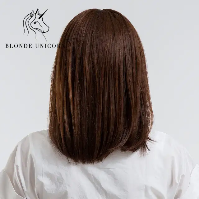 Blonde Unicorn 14 Inch Straight Bob Hair Wig With Bangs Shoulder Length Light Brown 30 Human Hair Capless Full Women Wig