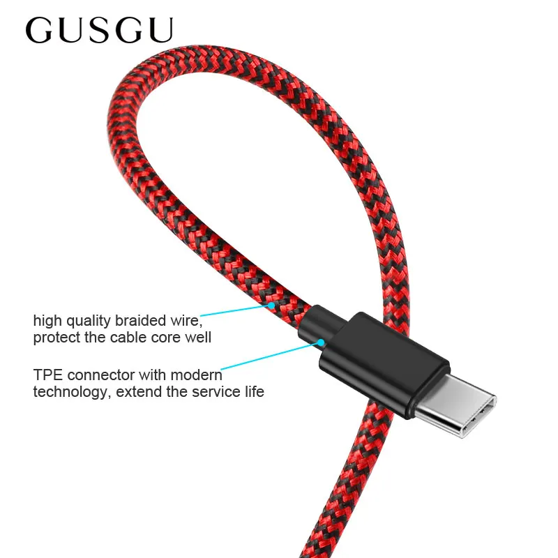 

GUSGU Mobile Phone Cable For Type C Plug Nylon Cord Fast Data Charging Cable For Samsung Galaxy S9 S8 Xiaomi Mi8