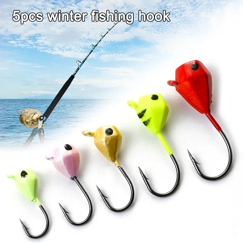 5 Pcs Winter Ice Fishing Hook Lure Mini Metal Bait Fish Head Hook Bait Jigging Fishing Tackle KH889