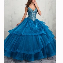 Отличные пышные платья 15 anos с глубоким v-образным вырезом Темно-Синие Многослойные платья с бисером vestidos de quinceanera