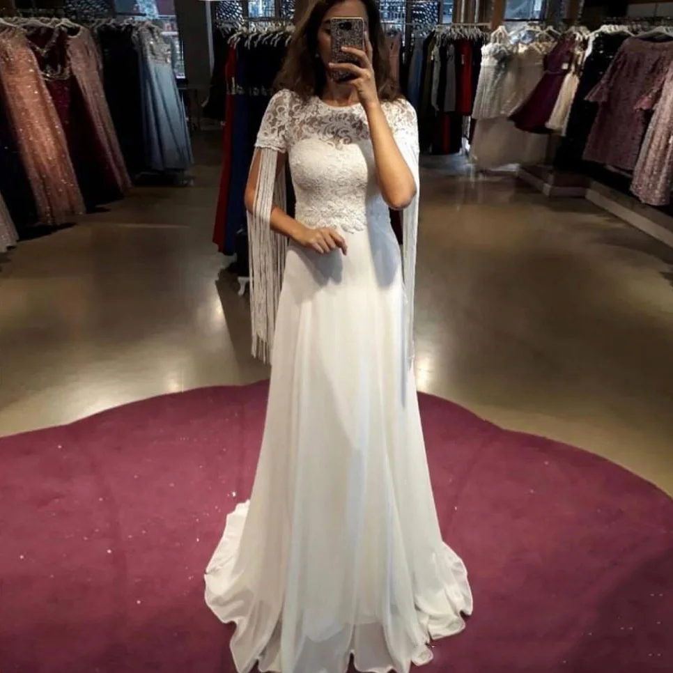 2019 Short Sleeves Lace Wedding Dresses with Tassels Jewel Neck Long Chiffon A Line Wedding Bridal Gowns Cheap 129