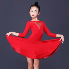 Латиноамериканских танцев танцевальное платье для девочек Ice Silk(искусственное волокно) красный с длинным рукавом Дети Румба ча-ча одежда для самбы конкурсное выступление oдeждa дeтскaя DN3089
