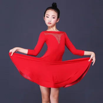 

Latin Dance Dress Girls Ice Silk Red Long Sleeve Kids Rumba Cha Cha Samba Clothing Competition Performance Wear Children DN3089