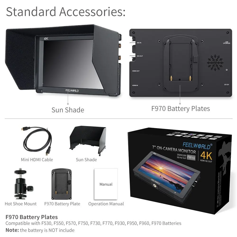 FEELWORLD FW703 7 дюймов IPS Full HD 3G SDI 4K HDMI на Камера DSLR полевой монитор 1920x1200 с гистограммой