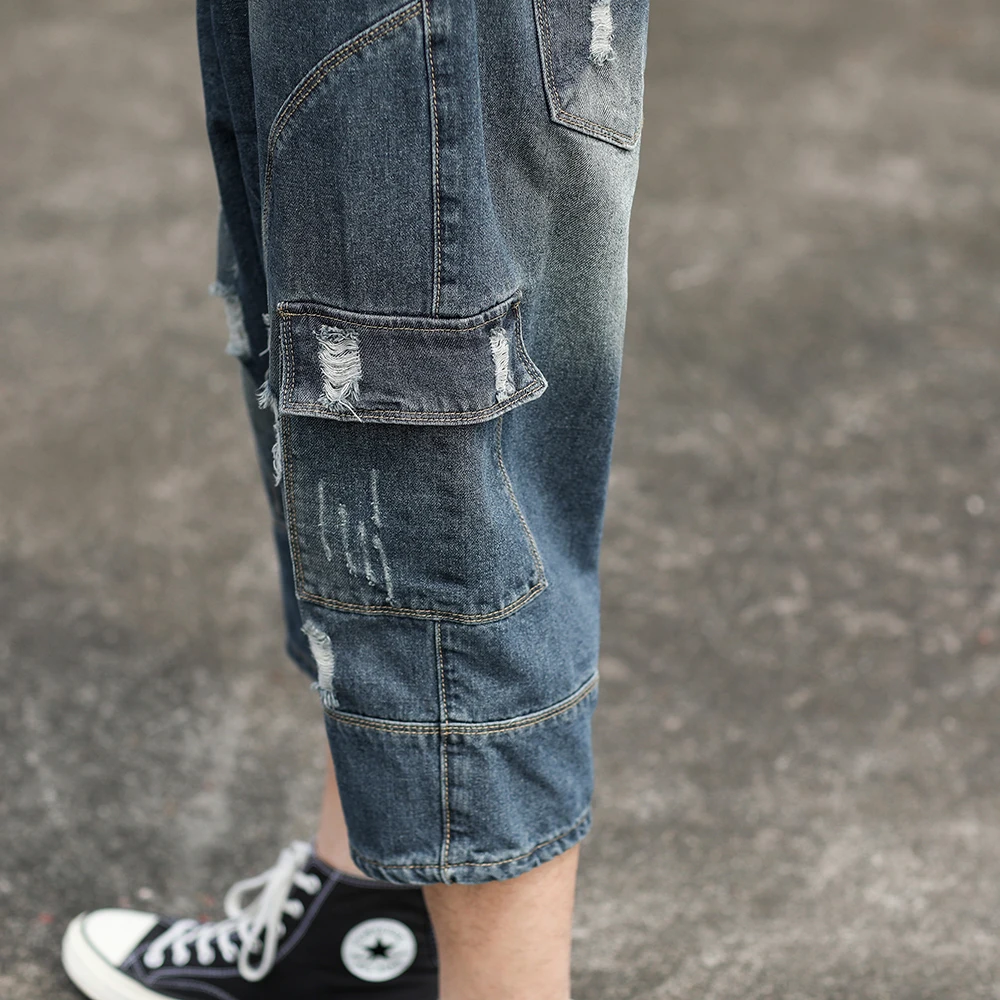 Мужские боковые облегающие джинсы с карманами, джинсы Бермуды, джинсовые укороченные брюки, Капри, царапины с дырками, 3/4 джинсы до середины икры