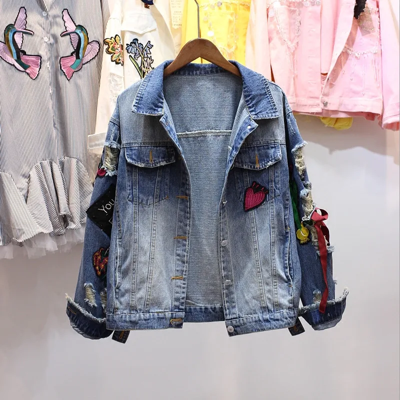 

jacket coat women autumn winter Lace up denim Vintage button basic hole ripped jacket Loose cross pocket jean jacket outerwear