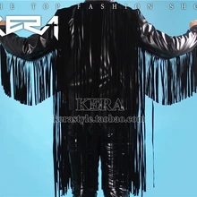 DJ певец права чжи-long Сценические костюмы мужчин культивирования с Черной Бахромой+ красный Карманный шить кожаная куртка мотоцикла