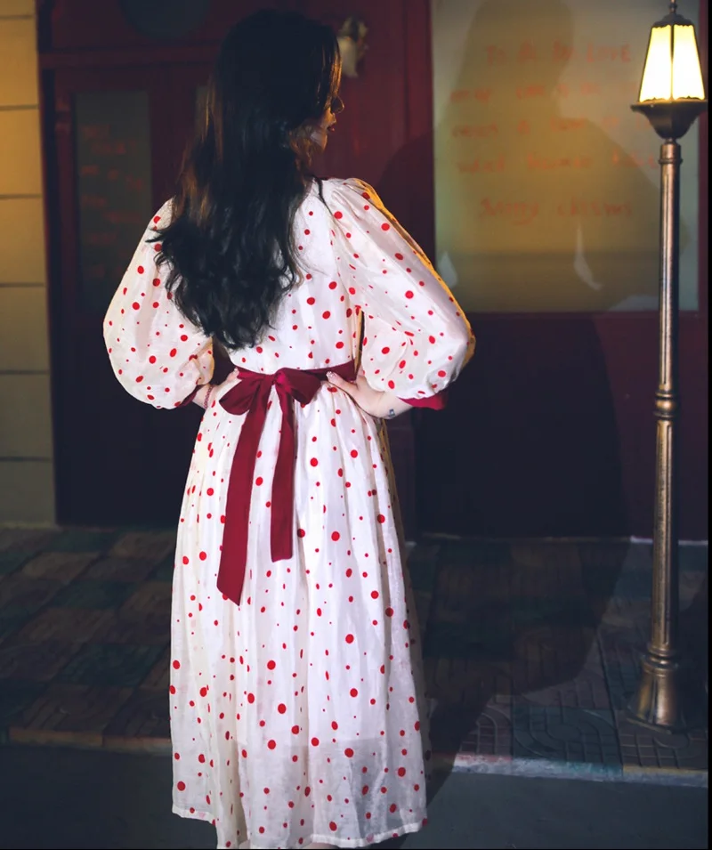 

LYNETTE'S CHINOISERIE Spring Summer Original Design Women Polka Dots Hepburn Vintage Lantern Sleeves Slim Silken Linen Dresses