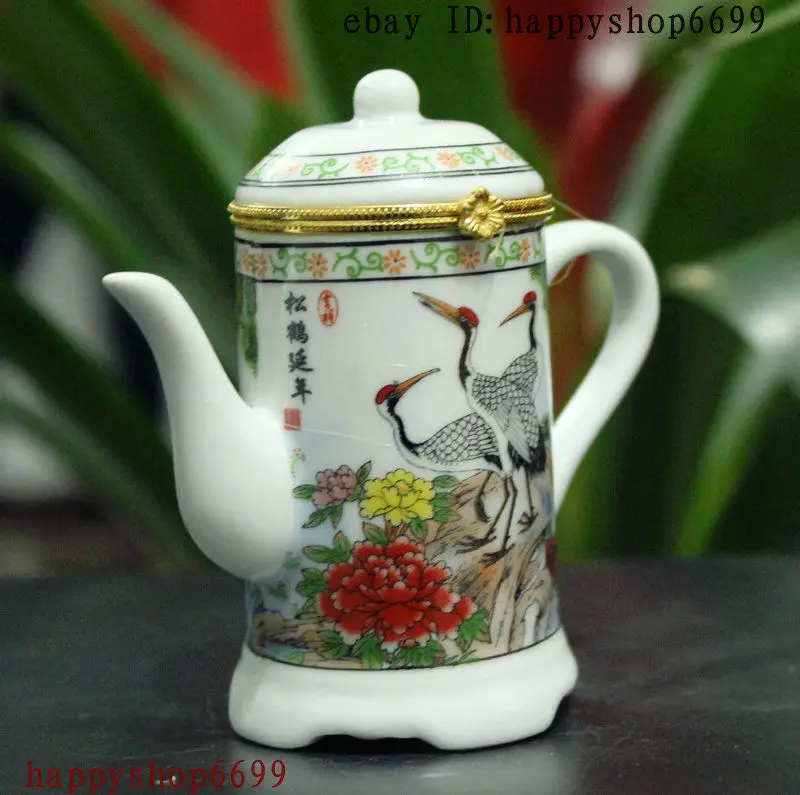 

Chinese Porcelain Flagon Shaped 3 Crane Toothpick Box Jewelry Box Cosmetic Box E