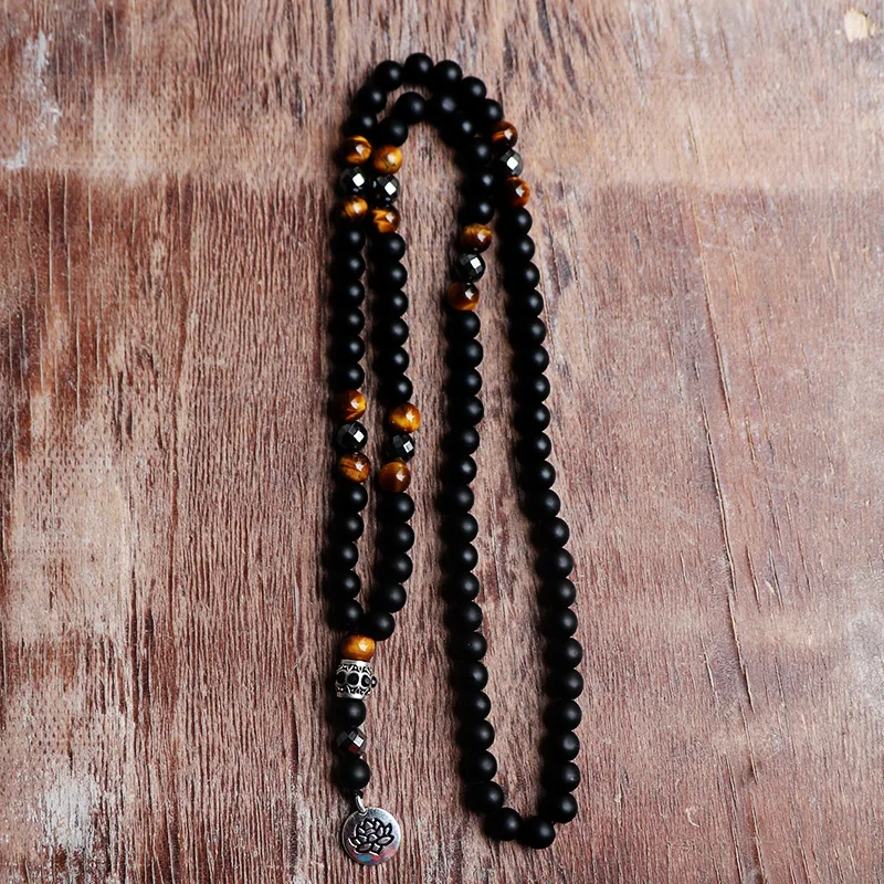 Дизайн, натуральный камень тигровый глаз, бусина, черный Будда, подвески с лотосом, мужское ожерелье, винтажное бисерное ожерелье, подвеска