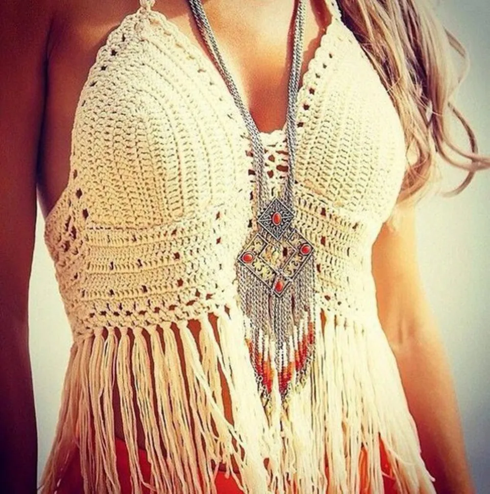 

Halter Tassel Women White Black Wave String Beach Top Coverups Knitted Bikini Crochet Crop Top Sexy hollow Out Crochet bikini
