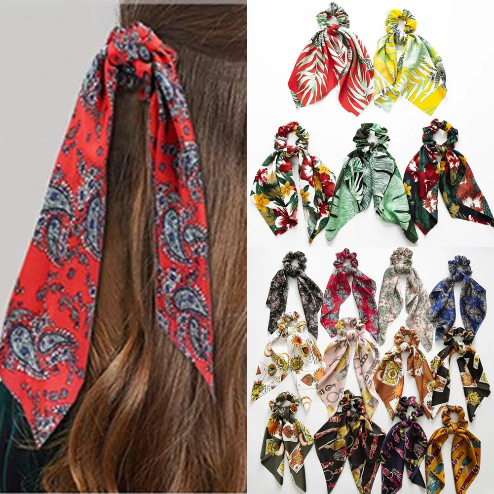 Весенняя мода бант резинка для волос женские аксессуары для волос резинки для волос Рубиновая веревка с цветочным принтом эластичные резинки для волос длинный головной платок