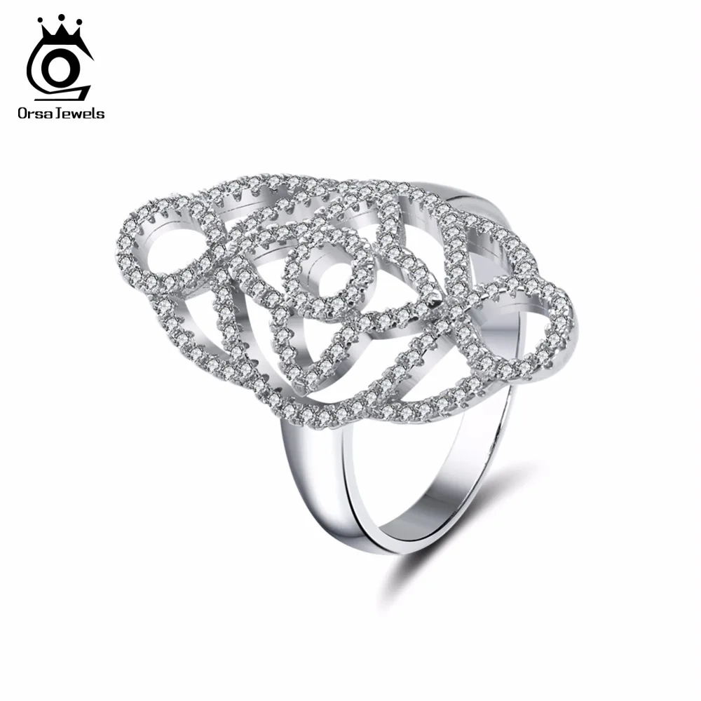ORSA JEWELS Luxury Women Rings Unique Shape Wedding Band AAA Cubic Zircon Silver Color Engagement Ring For Female Jewelry AOR46