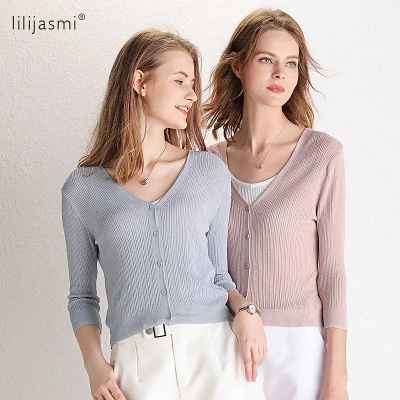 

2019 Summer V-neck Thin Knitted Short Cardigan Button Slim Fit Sun Block Ultra-thin Small Cardigan Shirts Crop Female High Grade