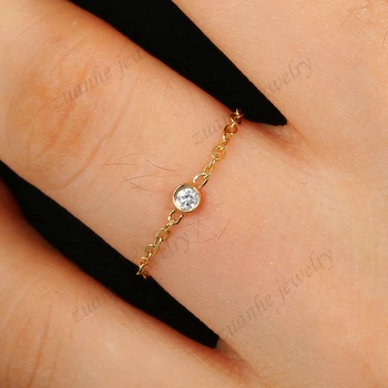 

Women Solid 18k Yellow Gold 0.04ct SI/H Full Cut Natural Diamond Engagement Wedding Party Ring Chain Fine Jewelry