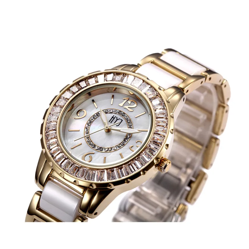 Fashion Ceramic Band Gold Women Girl Watch Diamond Bling Vintage Bracelet Quartz Wrist Watch Shock Resist