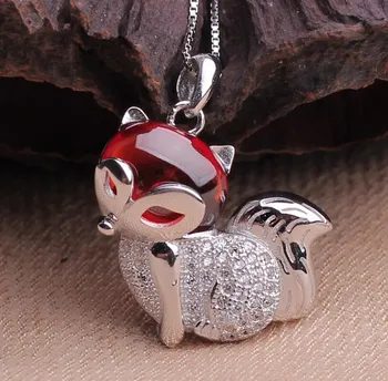 

Pure Silver 925 Sterling Silve Red Garnet Fox Pendant Necklace With Box Chain