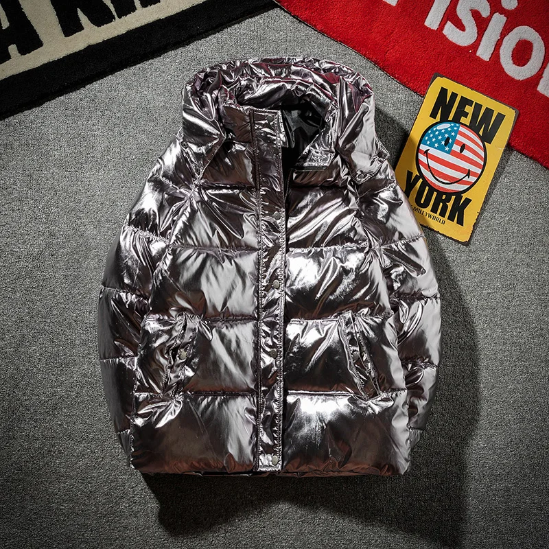 

Silver Bright Jacket Coat man Down Cotton Padded Short Parkas Bread Style Fashion Men's Winter Warm Thick Bomber Hooded Outwear