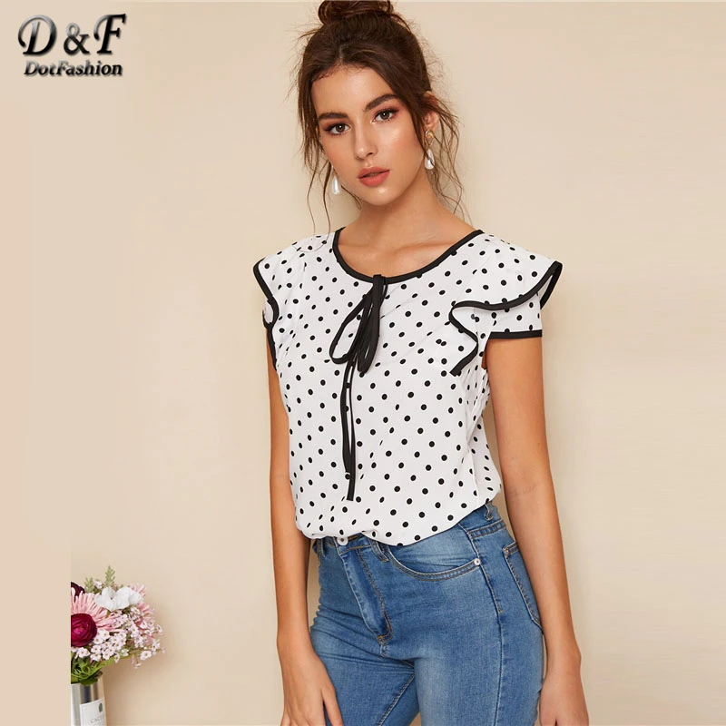 Dotfashion White Polka Dot Knot Piping Trim Blouse Women 2019 Summer Preppy Cap Sleeve Clothing Ladies Young Korean Fashion Tops