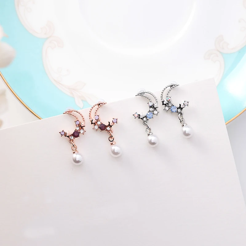 

MENGJIQIAO 2018 Korean New Lovely Moon Star Asymmetry Drop Earrings For Women Colorful Rhinestone Simulated Pearl Pendientes