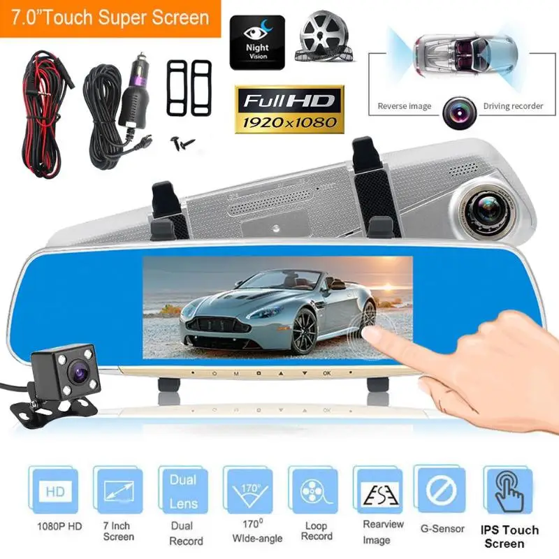 

7in LCD Touch Screen Dual Lens 1080P Car Rearview Mirror Car DVR Dash Camera Video Recorder G-sensor Motion Detection Dash Cam