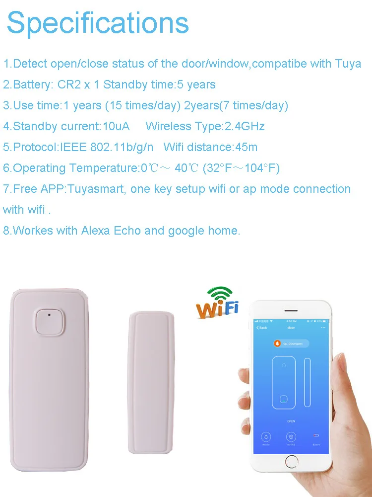 Wifi Door Sensor Window Sensors Alexa Google Home IFTTT Alarm Security Smart Life APP Wireless Remote Control